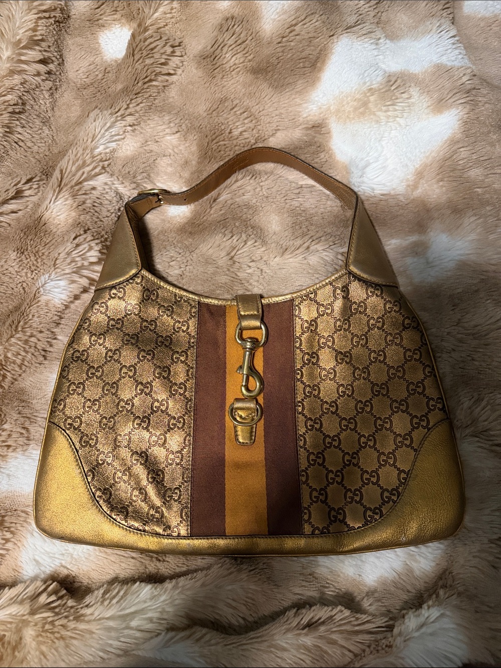 Gucci Gold Monogram Shoulder Bag Jackie with Brown and Tan Center Stripe